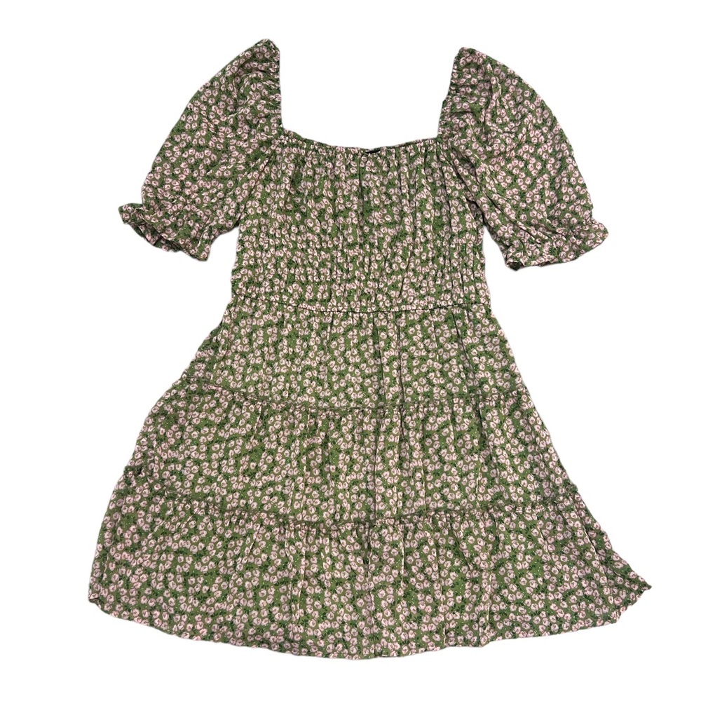 Green Pink Smocked Floral Summer Dress